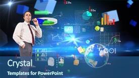  Presentation with thinking - Beautiful slide deck featuring data analysis cube - thinking businessman holding glasses backdrop and a ocean colored foreground