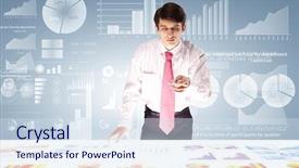  Presentation with data analyst - Beautiful presentation featuring data analyst - young businessman and statistics information backdrop and a  colored foreground