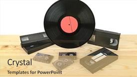  Presentation with vinyl - Presentation with data collection video - composition of vinyl disc audiocassettes background and a yellow colored foreground