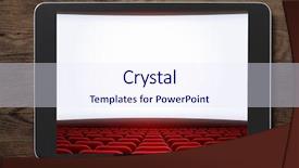  Presentation with cinema - PPT layouts consisting of data collection video - tablet pc on wooden table background and a sky blue colored foreground