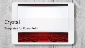  Presentation with cinema - Cool new slides with data collection video - tablet pc on wooden table backdrop and a light gray colored foreground