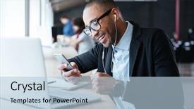  Presentation with front office - PPT theme enhanced with data connection - smilling cheerful businessman texting message background and a light blue colored foreground