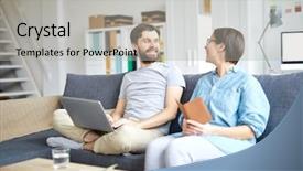  Presentation with cheerful - Beautiful presentation theme featuring data consumer - cheerful young couple discussing where backdrop and a light gray colored foreground