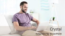  Presentation with information - Audience pleasing slides consisting of data consumer - young man searching information using backdrop and a mint green colored foreground