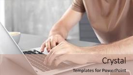  Presentation with information - Colorful PPT theme enhanced with data consumer - young man searching information backdrop and a coral colored foreground