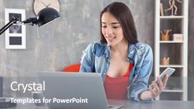  Presentation with search button searching information online - Cool new slides with data consumer - young woman searching information using backdrop and a gray colored foreground