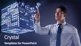  Presentation with virtual - Slide set featuring data cubes - businessman pressing virtual buttons background and a ocean colored foreground