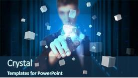  Presentation with displaying - PPT layouts consisting of data cubes - man touching hologram screen displaying background and a ocean colored foreground