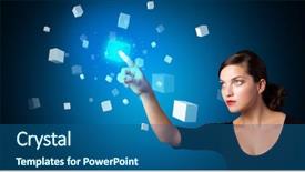 Presentation with hologram - PPT theme featuring data cubes - woman touching hologram screen displaying background and a ocean colored foreground