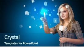  Presentation with displaying - Presentation design consisting of data cubes - woman touching hologram screen displaying background and a ocean colored foreground