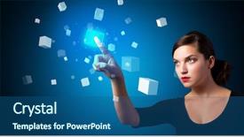  Presentation with hologram - Amazing PPT layouts having data cubes - woman touching hologram screen displaying backdrop and a ocean colored foreground