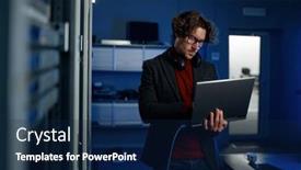  Presentation with server - Slides with data-engineer-holding-laptop background and a navy blue colored foreground