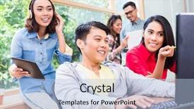  Presentation with employee working in industry - PPT theme consisting of data entry - cheerful young employee working background and a light blue colored foreground