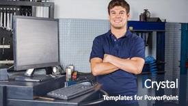  Presentation with repair shop - Amazing PPT layouts having data entry - confident technician standing arms crossed backdrop and a ocean colored foreground