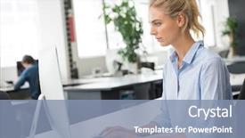  Presentation with woman office desk - Theme enhanced with data entry - young woman working in office background and a light blue colored foreground