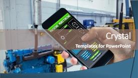  Presentation with machinery - Slide deck consisting of clock chart - hand holding smartphone against image background and a teal colored foreground