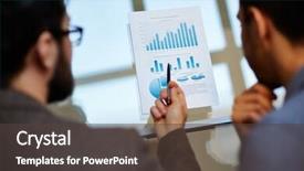 Presentation with pic chart - PPT theme with data graphs - businessman explaining chart in document background and a dark gray colored foreground