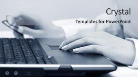  Presentation with laptop - Slides with data input - female hands using laptop background and a sky blue colored foreground