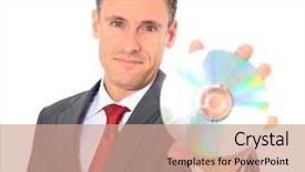  Presentation with integrity - Colorful presentation enhanced with data integrity - attractive businessman holding dvd all backdrop and a  colored foreground