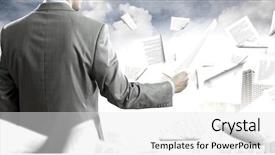  Presentation with data management - PPT theme featuring data management - back view of businessman reading background and a white colored foreground