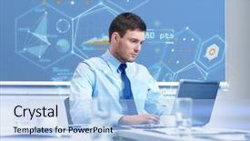  Presentation with virtual work - Presentation theme with data management - business people and work concept background and a light blue colored foreground