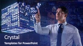  Presentation with virtual - Slides enhanced with data mining - businessman pressing virtual buttons background and a ocean colored foreground