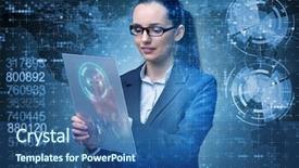  Presentation with data mining - Presentation theme enhanced with data mining - businesswoman with tablet in business background and a ocean colored foreground