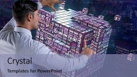  Presentation with virtual - Slide deck enhanced with data mining marketing - businessman pressing virtual buttons background and a seafoam green colored foreground