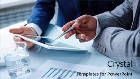  Presentation with strategic management needle pointing - Presentation enhanced with data people - pointing at touchscreen background and a light blue colored foreground