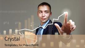  Presentation with media - Audience pleasing slide deck consisting of data people - young businessman touching icon backdrop and a  colored foreground