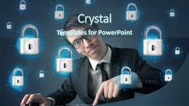  Presentation with hacker - Beautiful presentation theme featuring data privacy - young hacker with virtual lock backdrop and a ocean colored foreground