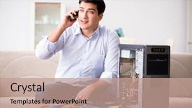  Presentation with computer - Colorful PPT theme enhanced with data recovery - happy customer resolving his computer backdrop and a coral colored foreground