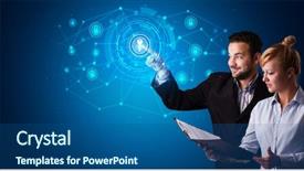  Presentation with displaying - Slide deck consisting of data representationin computers - man touching hologram screen displaying background and a ocean colored foreground