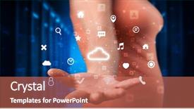  Presentation with information technology cloud - Theme with data representationin computers - person holding hologram screen displaying background and a coral colored foreground