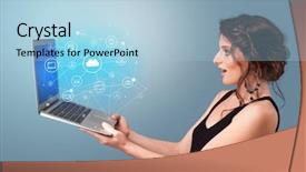  Presentation with cloud based - Slide deck with data representationin computers - woman holding laptop projecting cloud background and a light blue colored foreground