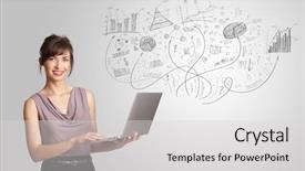 Presentation with concept - Slides enhanced with data sets - business girl presenting hand drawn background and a light gray colored foreground