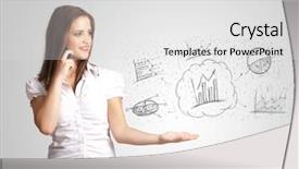  Presentation with hand drawn brush stroke design - Amazing PPT theme having data visualization - business girl presenting hand drawn backdrop and a light gray colored foreground