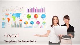  Presentation with data - Presentation design enhanced with data visualization - business woman with colorful graphs background and a sky blue colored foreground