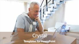  Presentation with laptop - PPT layouts having data with colleague on background background and a coral colored foreground