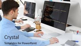  Presentation with database - PPT theme featuring database - handsome young programmer working background and a light blue colored foreground