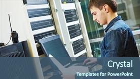  Presentation with server room - PPT theme enhanced with database - network engineer working in server background and a ocean colored foreground
