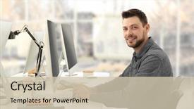  Presentation with working - Slide set featuring database - programmer working in office background and a soft green colored foreground