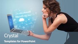  Presentation with cloud based - PPT theme with database - woman holding laptop projecting cloud background and a seafoam green colored foreground