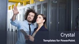  Presentation with computer room - Presentation theme featuring database - young it engineer showing working background and a tawny brown colored foreground