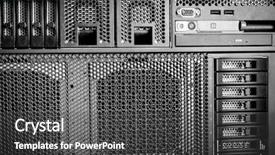  Presentation with data center - Presentation enhanced with database server - detail of hard drive cluster background and a  colored foreground