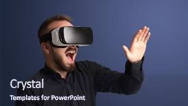  Presentation with virtual reality - Colorful slide set enhanced with database system design - amazed businessman with virtual reality backdrop and a wine colored foreground