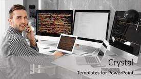  Presentation with code - PPT theme having databese code - handsome young programmer working background and a light gray colored foreground