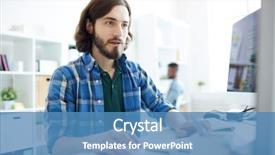  Presentation with monitor computer - Theme having databese code - young handsome man in casualwear background and a teal colored foreground