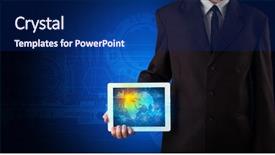  Presentation with database - Presentation theme having databse - hand holding tablet with global background and a navy blue colored foreground