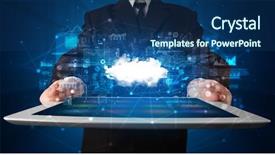  Presentation with cloud technology - Presentation theme featuring datamanagement tools - hand holding tablet with cloud background and a  colored foreground